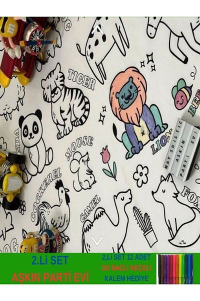 Aşkın Parti Evi Machine Washable Painting Cover Set with 12 Paints Waterproof Educational Painting 100X150Cm