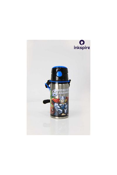 inkspire Avengers 500 ml Steel Water Bottle - Invincible Odorless Water Bottle with Neck Strap and Straw
