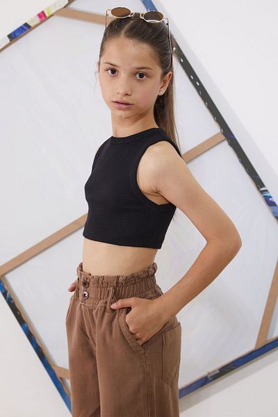 Cansın Mini High Waist Brown Girl's Trousers - Dobby, Model 18940