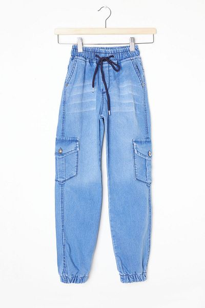 Cansın Mini Pantaloni albastri pentru băiat cu buzunar cargo cu talie elastică 16238