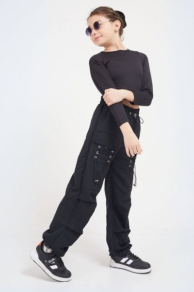 Cansın Mini Black Lace Pocket Detailed Girl's Parachute Trousers 17629