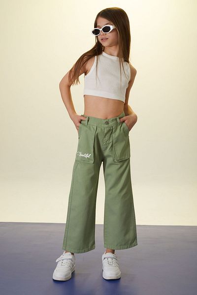 Cansın Mini Green Beautiful Written Wide Leg Girl's Linen Trousers 18445