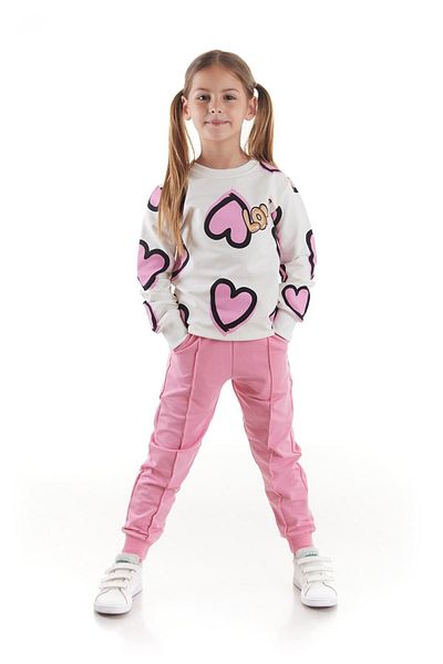 AHENGİM Heart Printed Trend Σετ φόρμας για κορίτσια - Cotton Seasonal Ak2504