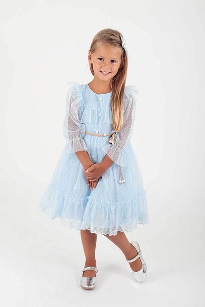 AHENGİM Girl's Lace Tulle Evening Dress with BucKle and Belt Ak2206
