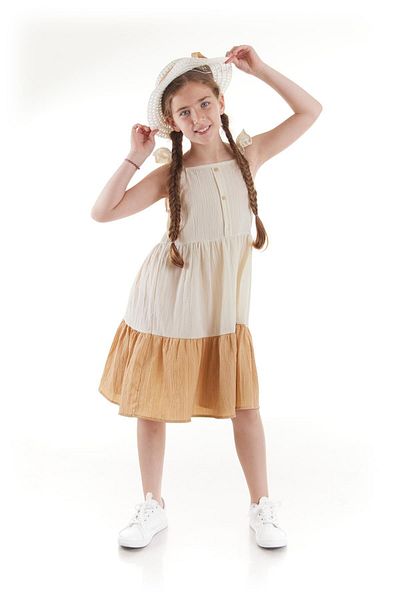 AHENGİM Sommerkleid für Mädchen mit Knöpfen und Mütze Ak2516