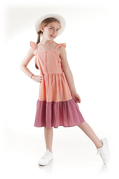AHENGİM Girl's Summer Dress with Buttons and Hat Ak2516