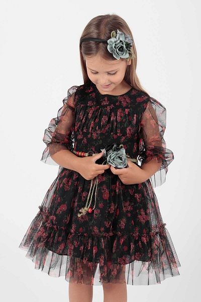 AHENGİM Girl's Floral PrinTed Tulle BelTed Dress - Ak2202