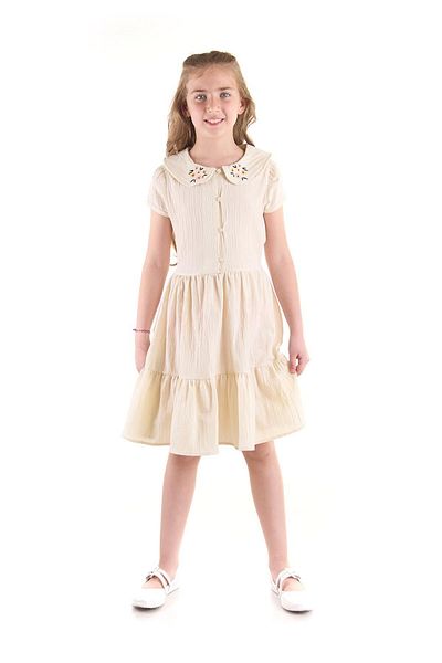 AHENGİM Besticktes Kleid für Mädchen – geknöpfter Kragen, Baumwolle AK2523