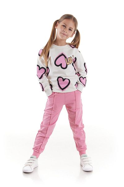 AHENGİM Heart Printed Trend Σετ φόρμας για κορίτσια - Cotton Seasonal Ak2504