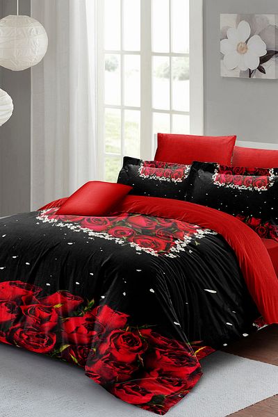 MonoHome Valentine's Day Special Double Duvet Cover Set Cotton Satin Black Roses