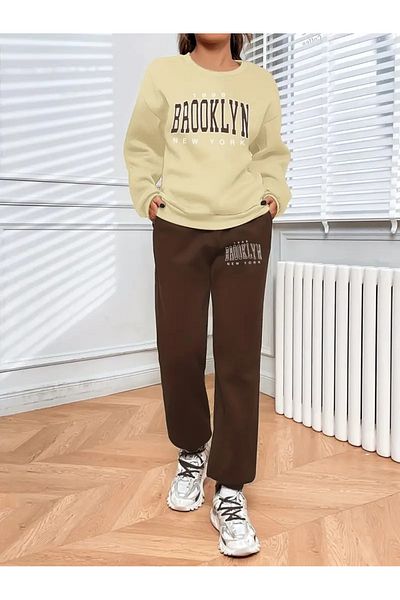 QUEENSTOWN Μπεζ και καφέ Σετ φόρμας με στάμπα Brooklyn - Crew Neck, 3 νήματα