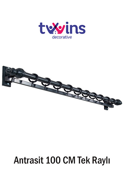 Twins Decorative Antrasit Tek Raylı Ahşap Rustik Perde Askısı - 100 Cm