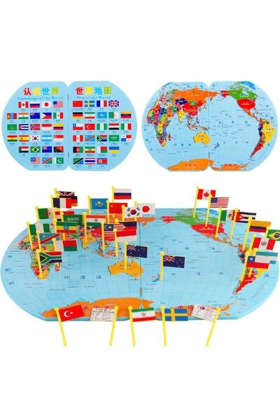 Muhtelif Ahşap Bayraklı Katlanabilir Dünya Haritası 36 Bayraklı Eğitici Ahşap...