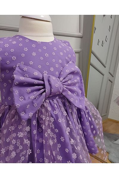 Butik Daisy Patterned Bow Tulle Girl's Dress - Zero Collar and Gathered Back Low-cut