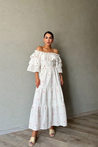 Seda Yalçın Atelier Embroidery Dress - White and Pink Floral Pattern