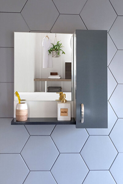 Nurcelant Aynalı Raflı Banyo Dolabı 60 Cm Mdf Üst Modül Antrasit