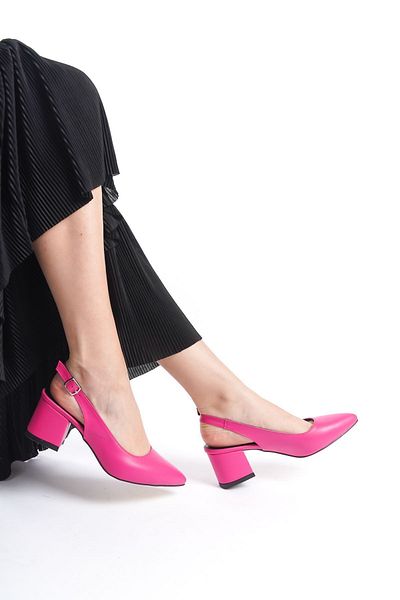 YASEMİN Pantofi de damă Fleur din piele fucsia roz, cu cataramă cu spatele deschis, cu toc gros de 6 cm