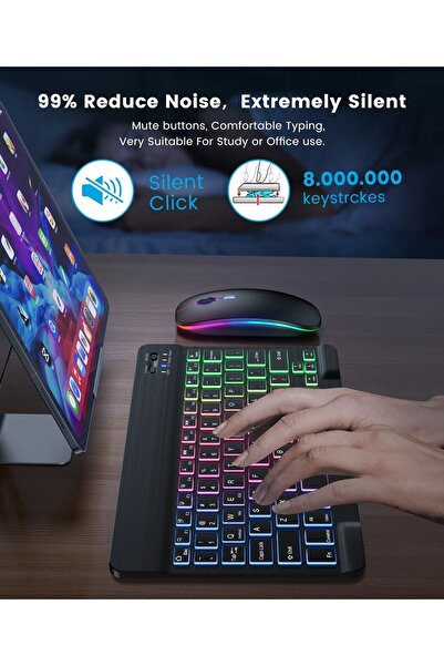beemen Mini RGB Klavye Ve Mouse Set Tablet Telefon Laptop Uyumlu Bluetooth Destekli Uzun Şarj Süreli