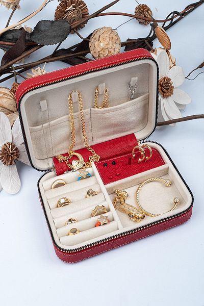 Gold Box منظم حجم كبير مع صندوق تخزين المجوهرات وحقيبة سفر، خشبي أحمر (21X14.5X5)