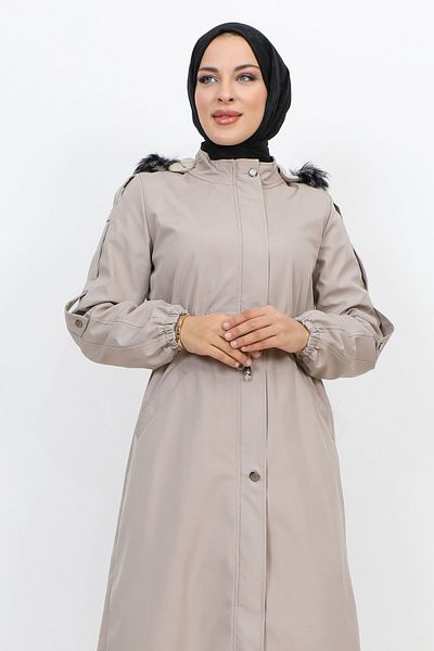 Tesettür Dünyası Mittellanger Bondit-Mantel mit Plüschfutter TSD231114 Beige
