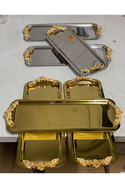 Elzemm store 3 Adept Steel Rectangular - Gold and Silver Handled Presentation and Serving Tray