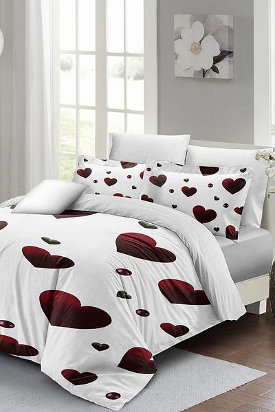 MonoHome Double (With Elastic Sheets) 100% Cotton Satin Duvet Cover Set White Love