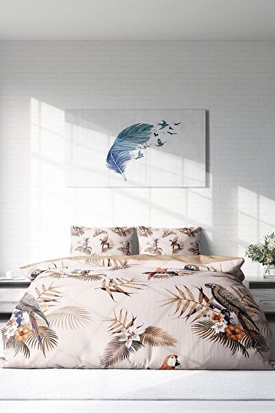 PerlaSera 3D Custom Design - Double Duvet Cover Set, Tightly Woven Cotton Satin, Parrot Land Natural
