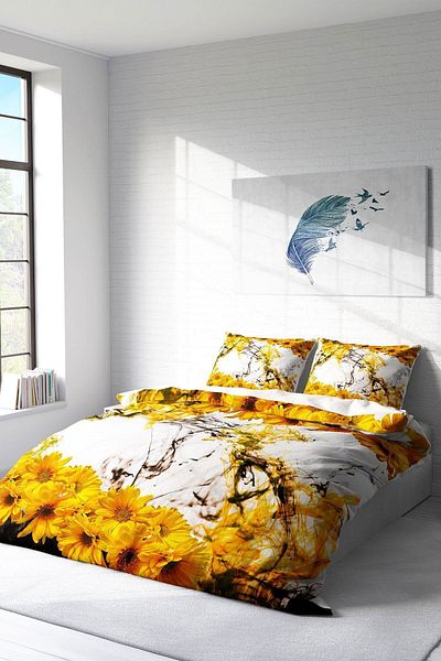 PerlaSera 3D Custom Design Yellow Daisy - Double Duvet Cover Set, Tightly Woven Cotton Satin
