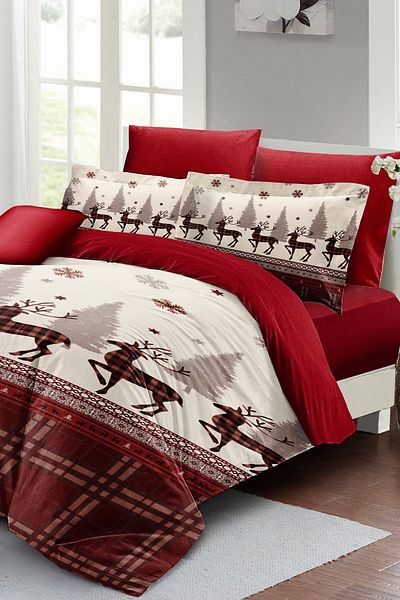 MonoHome New Year's Eve Duvet Cover Set Double 100% Cotton Satin Red Deers