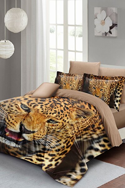 MonoHome 100% Cotton Satin Double Duvet Cover Set with Fitted Sheets Wild Tiger