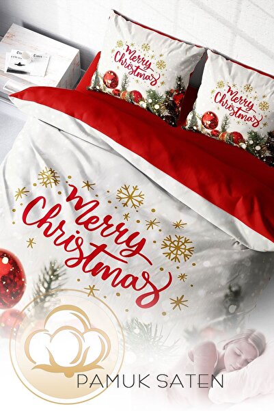 MonoHome Yılbaşı Özel Tasarım Nevresim Takımı 3d Dijital Pamuk Saten Çift Kişilik Merry Chiristmas
