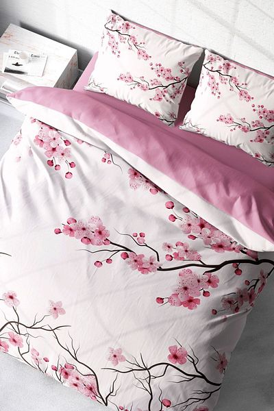 PerlaSera 3D Custom Design - Double Duvet Cover Set, Tightly Woven Cotton Satin, Cherry Blossom