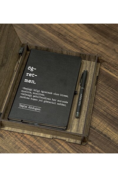 Yaprak Hediyelik Kişiye Özel Öğretmen Tasarımlı Ahşap Kutulu Ajanda Kalem Seti