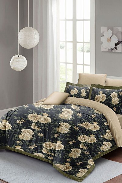 MonoHome Set cuvertură de pilota dublă din satin 100% bumbac cu cearșaf elastic Flower Nefti