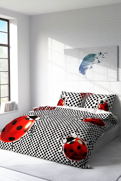 PerlaSera تصميم مخصص ثلاثي الأبعاد Ladybug Natural - طقم غطاء لحاف مزدوج، مصنوع من القطن الساتان المنسوج بشكل محكم