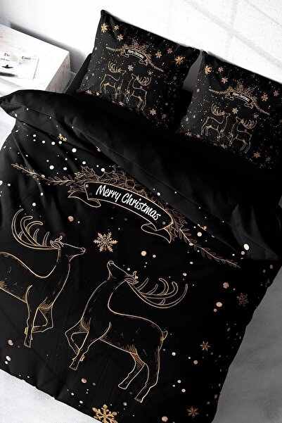 MonoHome Yılbaşı Nevresim Takımı (Lastikli Çarşaflı) Çift Kişilik %100 Pamuk Saten Deer