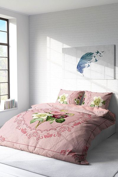 MonoHome 100% Cotton Satin Double Duvet Cover Set with Fitted Sheets Damask Rose