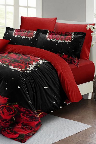 MonoHome 100% Cotton Satin Double Duvet Cover Set with Fitted Sheets Black Rose