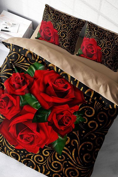 PerlaSera 3D Custom Design - Double Duvet Cover Set, Tight Woven Cotton Satin, Gold & Roses