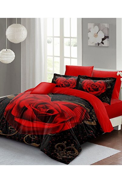 MonoHome تصميم رقمي ثلاثي الأبعاد - غطاء لحاف من الساتان القطني على شكل قلب أحمر، وردة حمراء مزدوجة