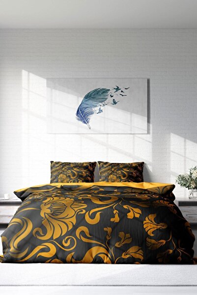 PerlaSera 3D Спеціальний дизайн - Двоспальний комплект постільної білизни, щільна бавовняна сатинова тканина, класичний візерунок «Золоте листя»