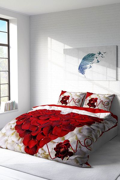 MonoHome 100% Cotton Satin Double Duvet Cover Set with Fitted Sheets Heart Rose
