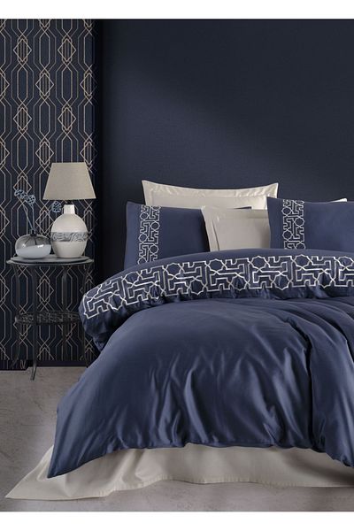 Dantela Luna Beige Embroidered Cotton Satin Double Duvet Cover Set