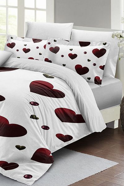 MonoHome Double (With Elastic Sheets) 100% Cotton Satin Duvet Cover Set White Love