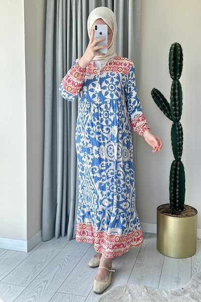 ModaAycan Ma144 Model - Blue Collar Tie Detailed Dress