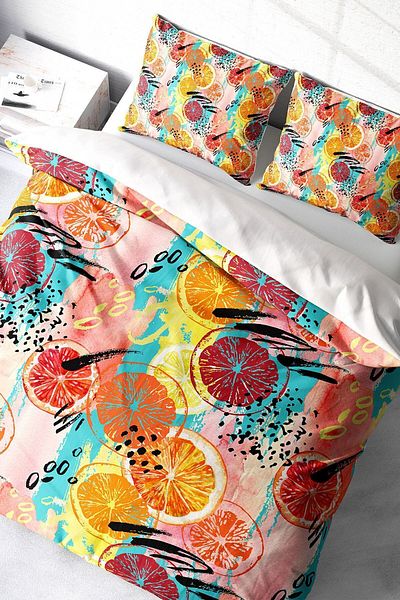 PerlaSera 3D Custom Design - Double Duvet Cover Set, Exotic Fruits Pattern, Tightly Woven Cotton Satin