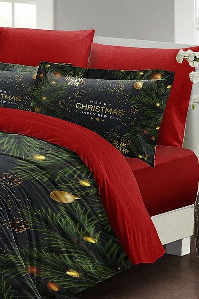 MonoHome Christmas Duvet Cover Set (With Elastic Sheets) Double 100% Cotton Satin Blue Christmas