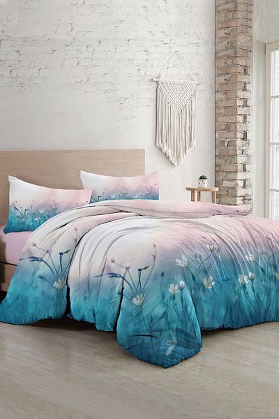 PerlaSera Soft Blue Luxury - Double Duvet Cover Set, Tightly Woven Cotton Satin, 3D Custom Design