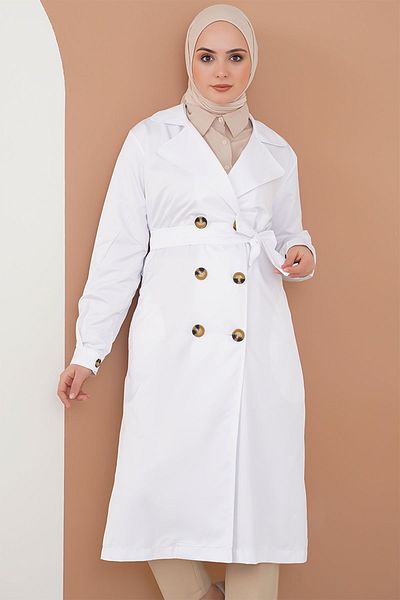Bigdart White T5853 Model Double Breasted Collar Hijab Trench Coat