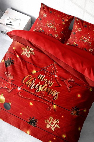 MonoHome New Year's Eve Duvet Cover Set (With Elastic Sheets) Double 100% Cotton Satin Pine Deers